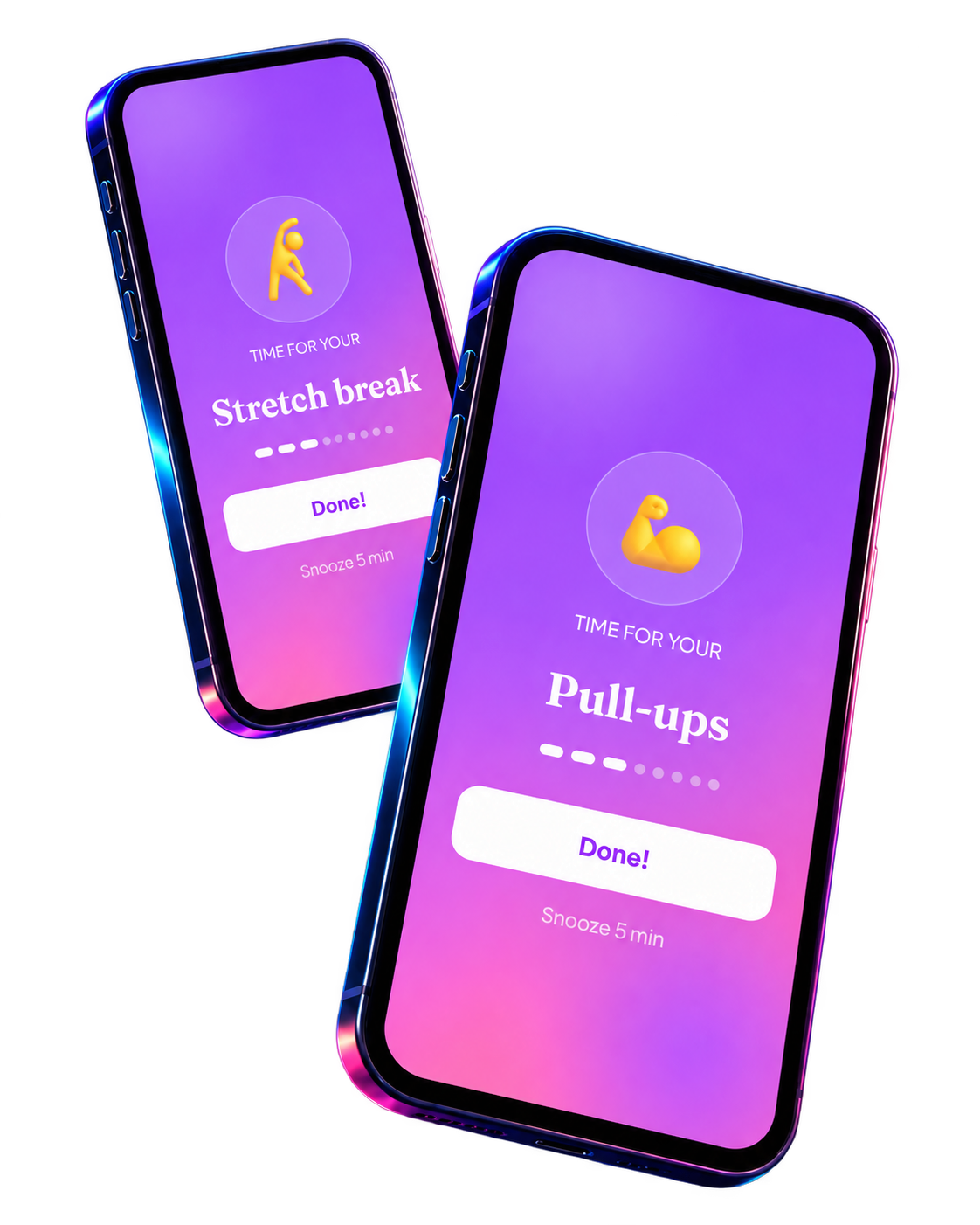 Two floating phones showing Pull-ups and Stretch break reminders in the Nudge Me app
